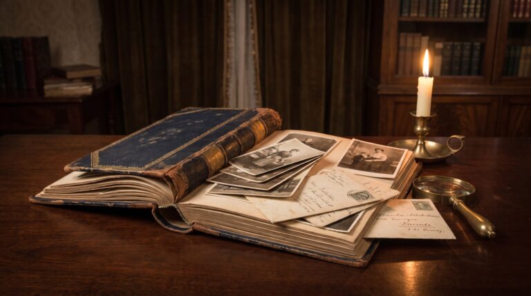An open vintage family photo album with old photographs, letters and a magnifying glass on a desk, illustrating the start of family history research