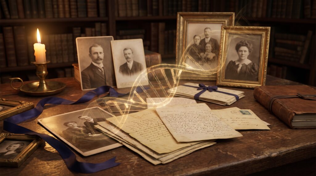 Aged family photographs and handwritten letters on a desk with a subtle golden double-helix motif, illustrating DNA in family history research