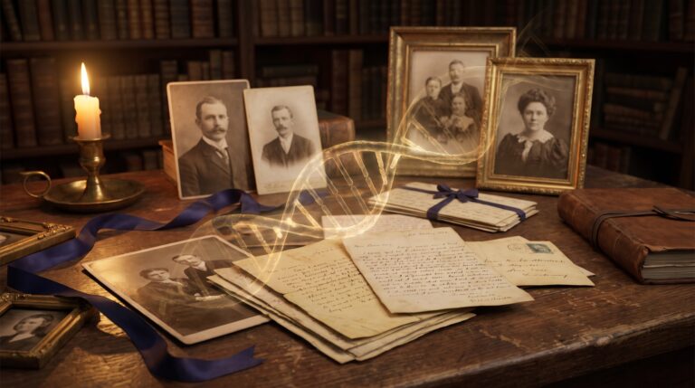 Aged family photographs and handwritten letters on a desk with a subtle golden double-helix motif, illustrating DNA in family history research