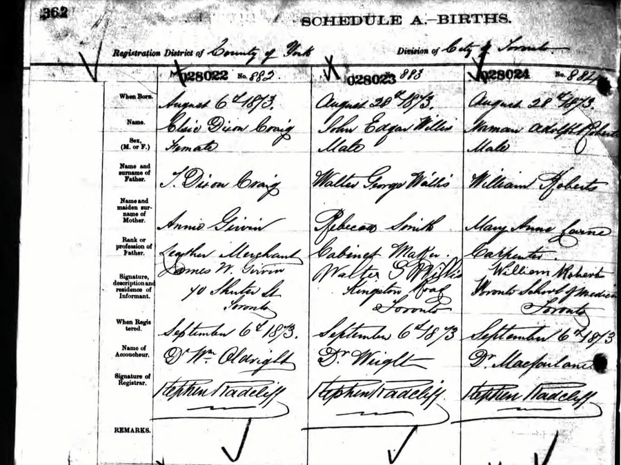 Ontario civil registration birth register, Schedule A, County of York, City of Toronto division, 1873. Multiple birth entries with handwritten names, fathers’ occupations, and registrar signatures.