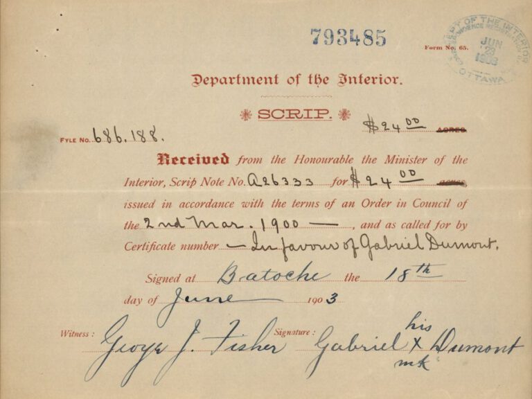 Métis scrip certificate issued to Gabriel Dumont, signed at Batoche, 18 June 1903. Department of the Interior. Library and Archives Canada.
