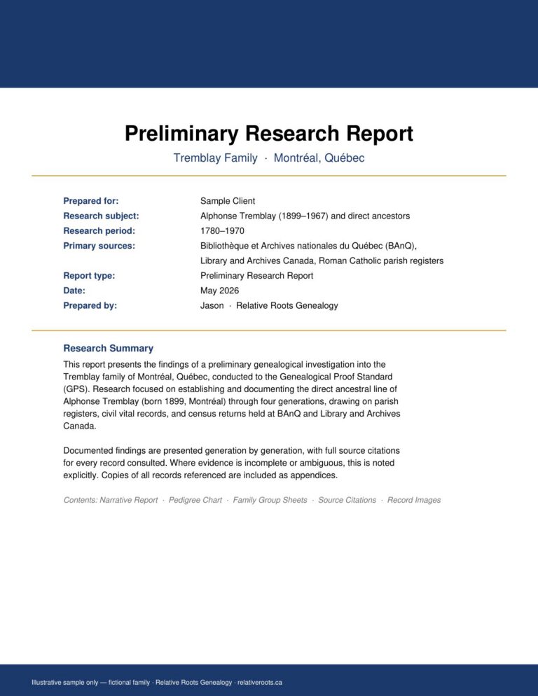 Sample preliminary research report cover, Tremblay family