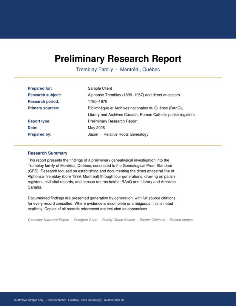 Sample preliminary research report cover, Tremblay family