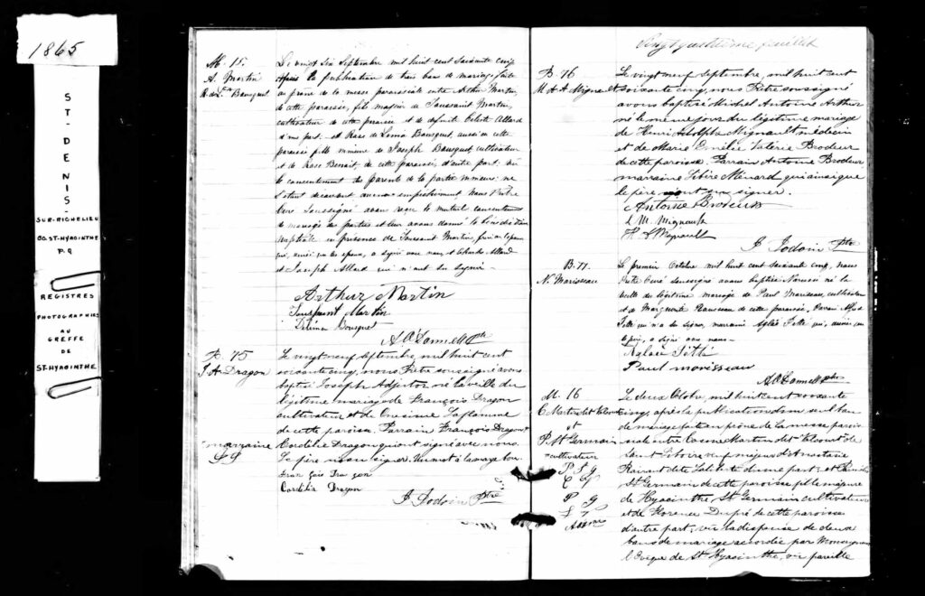 Page from an 1865 Quebec parish baptism register, the kind of record behind a Quebec birth certificate for citizenship by descent