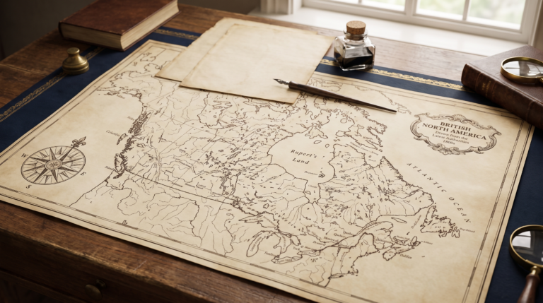 Vintage 1800s engraved map of British North America on a wooden desk with aged records, a dip pen and an inkwell
