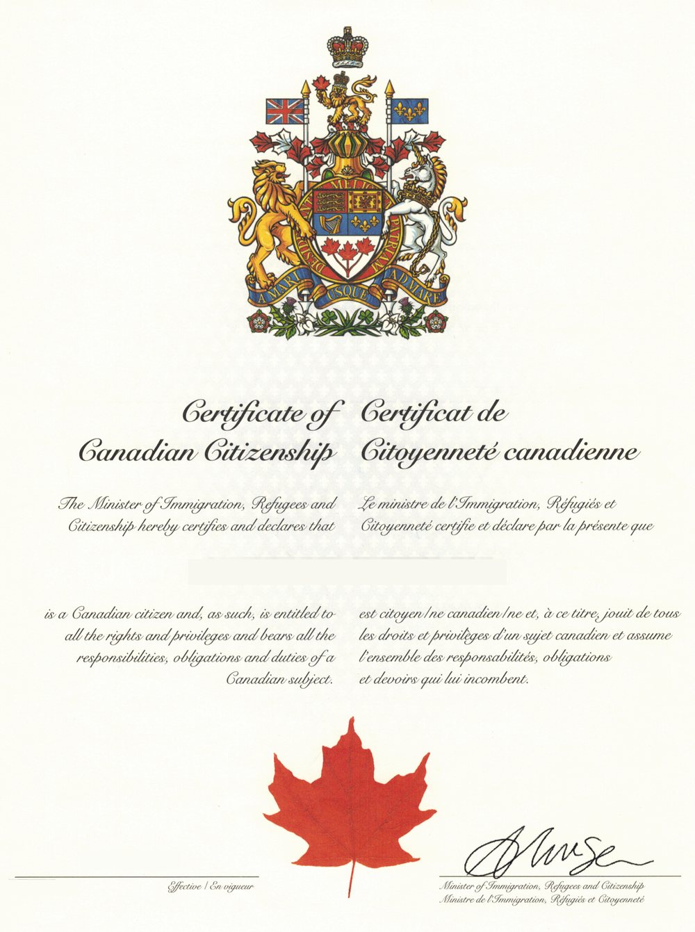 A Certificate of Canadian Citizenship: the Arms of Canada above the bilingual title and declaration, a red maple leaf, and the Minister's signature; the holder's name and number are not shown